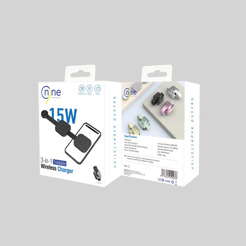 Nine AD10 15W 3 σε 1 Αναδιπλούμενος Ασύρματος Φορτιστής για Κινητό, Ρολόι & Airpods - Χρώμα: Μαύρο