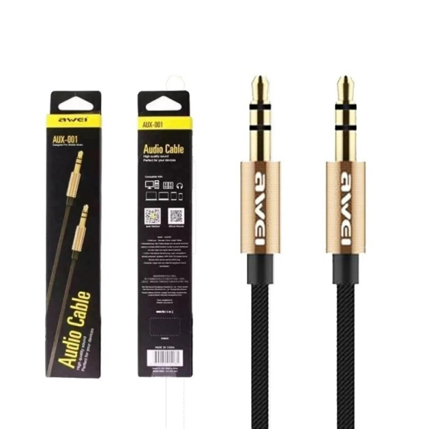 Awei AUX-001 Καλώδιο Ήχου Gold Αudio Male 3.5mm σε Male 3.5mm - Χρώμα: Μαύρο-Χρυσό