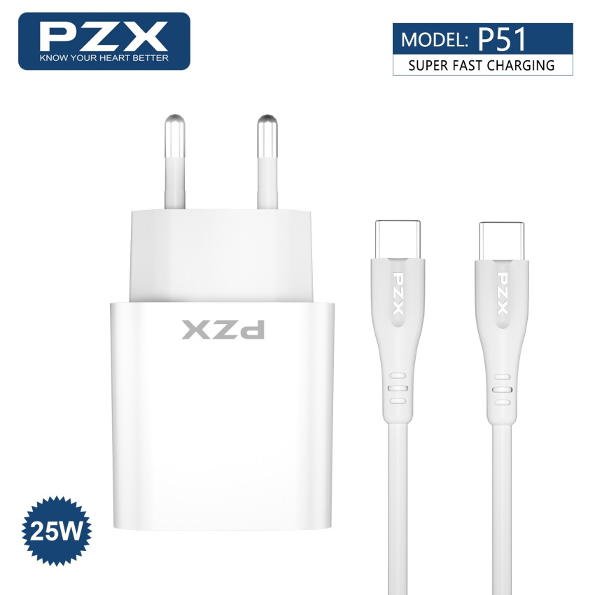 PZX P51 Fast Charging Φορτιστής SmartPhone με 1 θύρα Type-C & Καλώδιο σε Type-C 25W - Χρώμα: Λευκό