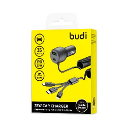 Budi (CC107T3B) Mobile Car Charger with Type-C & USB-A Socket 35W with Built-in Lighting/Type-C/Micro USB Cable 2m - Color: Black