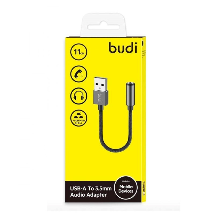 Budi (DC106B) - Καλώδιο AUX USB-A σε 3,5mm Jack 11cm - Χρώμα: Μαύρο