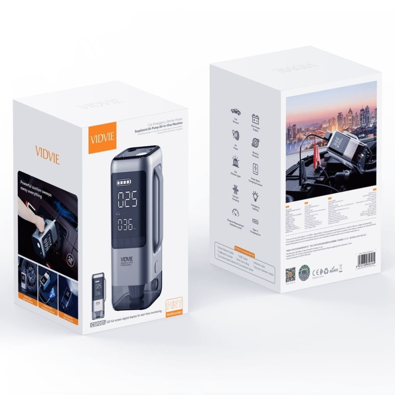 VIDVIE CSP001 Air Compressor Φορητός Εκκινητής - Φορτιστής Μπαταρίας Αυτοκινήτου με Power Bank / USB / Τρόμπα - Χρώμα: Γκρι