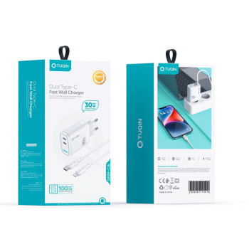 TUQIN QE59-C&I 30W Φορτιστής Γρήγορης Φόρτισης με 2x Θύρες USB-C & Καλώδιο Type-C σε Lightning 1m - Χρώμα: Λευκό