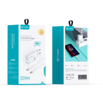 TUQIN QE59-C&C 30W Φορτιστής Γρήγορης Φόρτισης με 2x Θύρες USB-C & Καλώδιο Type-C σε Type-C 1m - Χρώμα: Λευκό