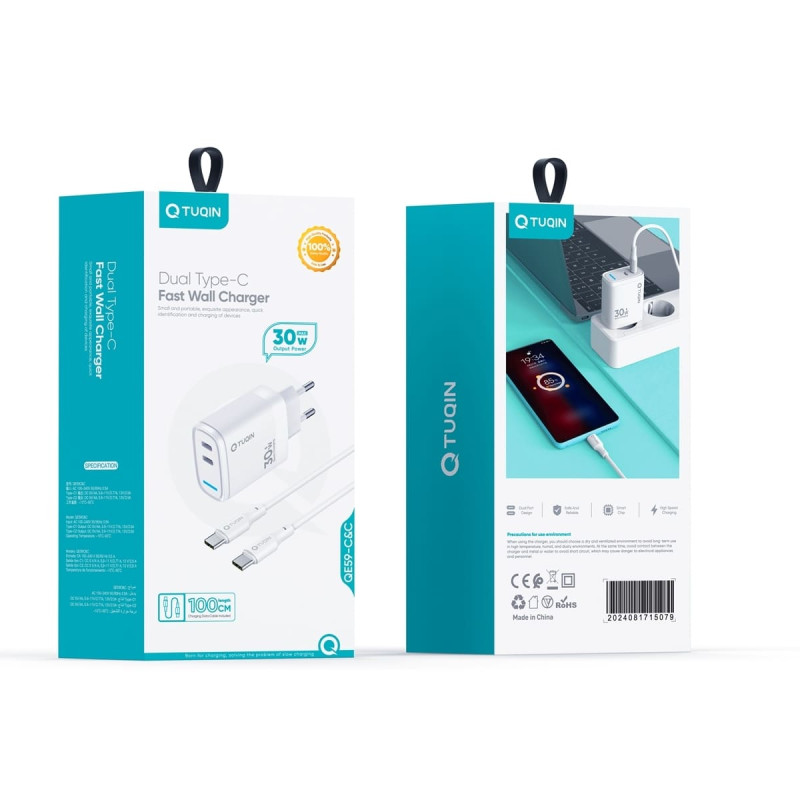 TUQIN QE59-C&C 30W Φορτιστής Γρήγορης Φόρτισης με 2x Θύρες USB-C & Καλώδιο Type-C σε Type-C 1m - Χρώμα: Λευκό