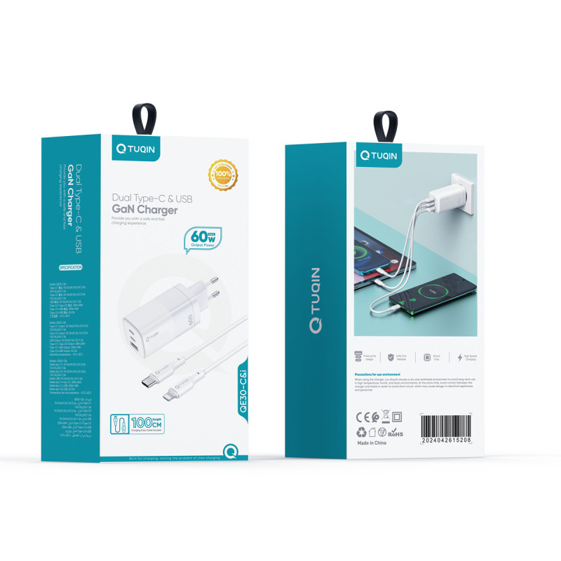 TUQIN QE30-C&I 60W GAN Φορτιστής Γρήγορης Φόρτισης με 2xΘύρες USB-C & 1x Θύρα USB-A με Καλώδιο Type-C σε Lightning 1m - Χρώμα: Λευκό