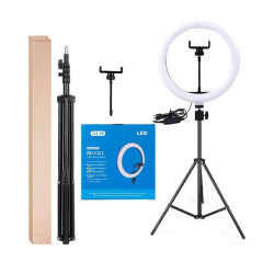 LJJ-26 26cm Ring LED Light with Floor Tripod & Mobile Phone Holder 10" Inches - Color: Black