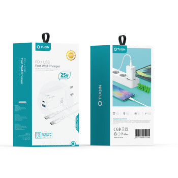 TUQIN QE78 25W Φορτιστής Γρήγορης Φόρτισης με Θύρες USB-C & 1x Θύρα USB-A με Καλώδιο Type-C σε Type-C 1m - Χρώμα: Λευκό
