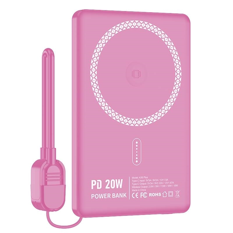 NINE A36 PLUS 15W Magsafe Power Bank Γρήγορης Φόρτισης για Smartwatch & Airpods 5000mAh - Χρώμα: Ροζ