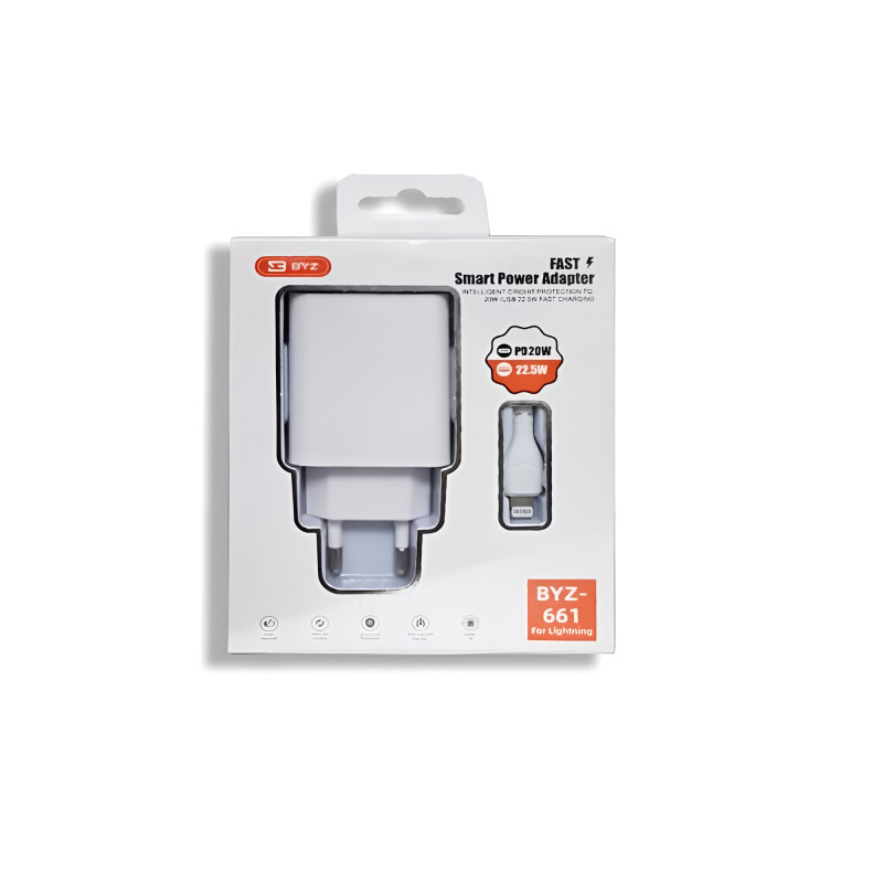 BYZ U661 PD20W Fast Charging Φορτιστής με Θύρα USB-A & USB-C με Καλώδιο USB Lightning - Χρώμα: Λευκό BYZ U661 PD20W Fast Charging Φορτιστής με Θύρα USB-A & USB-C με Καλώδιο USB Lightning - Χρώμα: Λευκό