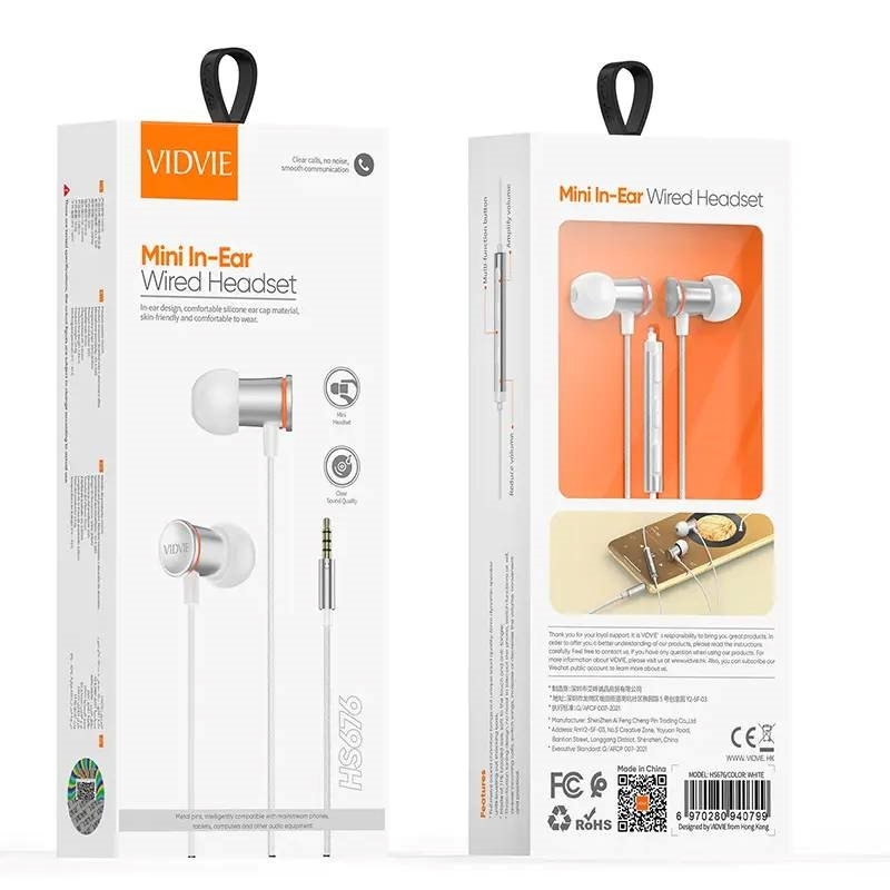 VIDVIE HS676 Handsfree Ακουστικά με Βύσμα 3.5mm Jack Υψηλής Ποιότητας Ήχος - Χρώμα: Λευκό