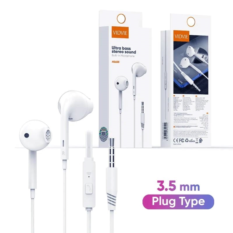 VIDVIE HS655 Handsfree Ακουστικά με Βύσμα 3.5mm Jack & Ενσωματωμένο Μικρόφωνο HD & Κουμπί Απάντησης - Χρώμα: Λευκό