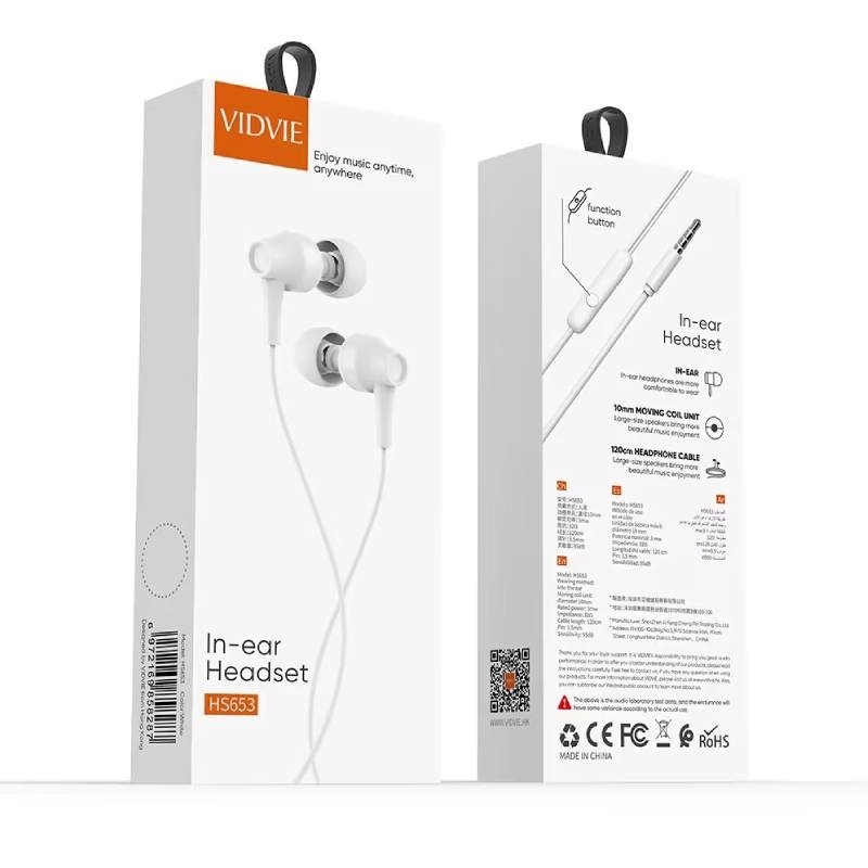 VIDVIE HS653 Handsfree Ακουστικά με Βύσμα 3.5mm Jack & Ενσωματωμένο Μικρόφωνο & Κουμπί Απάντησης - Χρώμα: Λευκό