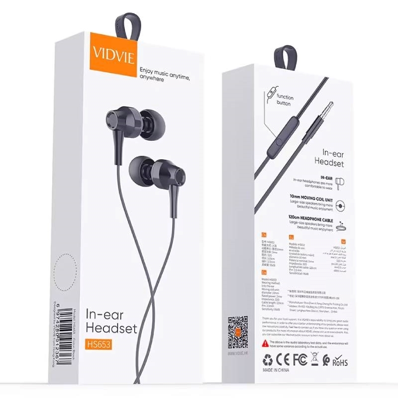 VIDVIE HS653 Handsfree Ακουστικά με Βύσμα 3.5mm Jack & Ενσωματωμένο Μικρόφωνο & Κουμπί Απάντησης - Χρώμα: Μαύρο