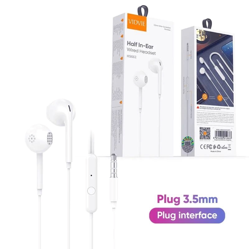 VIDVIE HS662 Handsfree Ακουστικά με Βύσμα 3.5mm Jack & Ενσωματωμένο Μικρόφωνο & Δυνατός Ήχος - Χρώμα: Λευκό