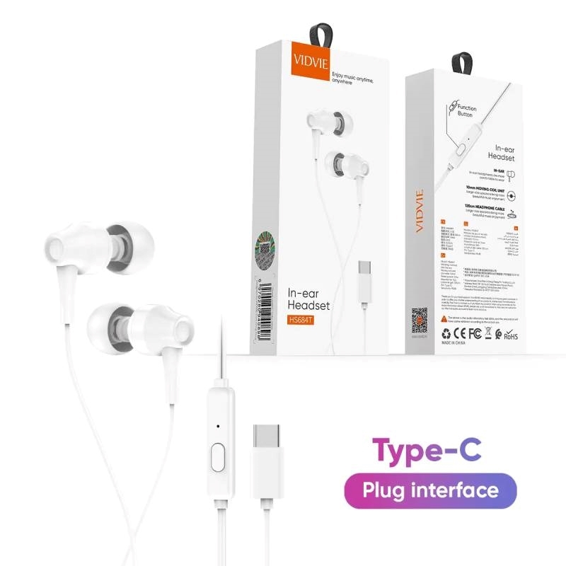 VIDVIE HS684T Handsfree Ακουστικά με Βύσμα Type-C & Ενσωματωμένο Μικρόφωνο & Κουμπί για Απάντηση - Χρώμα: Λευκό