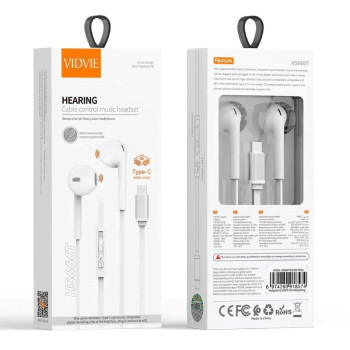 VIDVIE HS666T Handsfree Ακουστικά με Βύσμα Type-C & Ενσωματωμένο Μικρόφωνο & Κουμπί Αύξησης/Μείωσης Έντασης Ήχου - Χρώμα: Λευκό