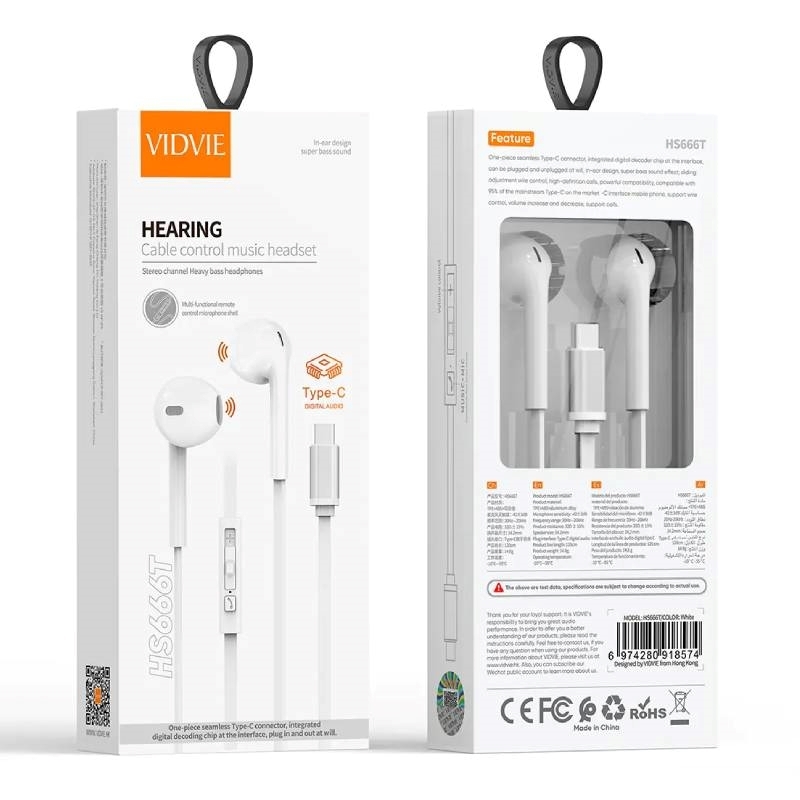 VIDVIE HS666T Handsfree Ακουστικά με Βύσμα Type-C & Ενσωματωμένο Μικρόφωνο & Κουμπί Αύξησης/Μείωσης Έντασης Ήχου - Χρώμα: Λευκό