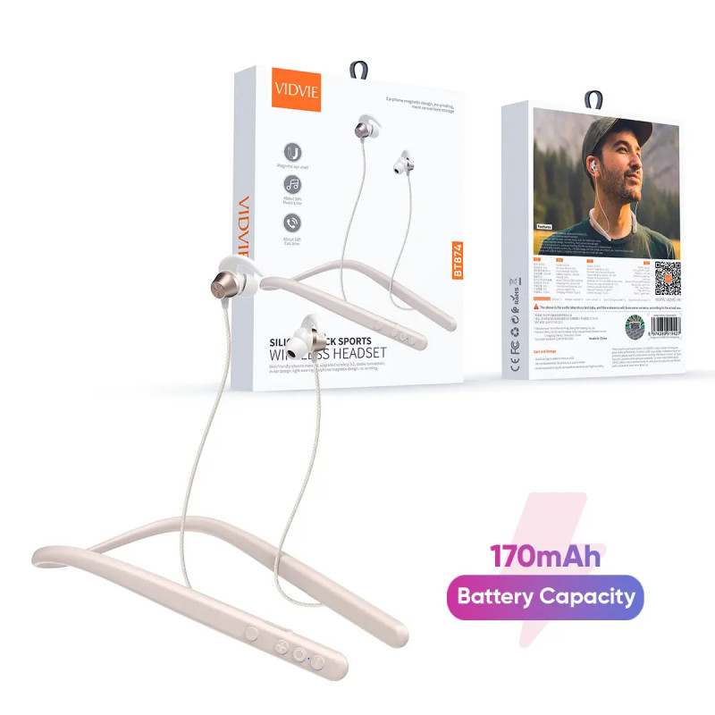 VIDVIE BT874 Ασύρματα Bluetooth Ακουστικά με Αντοχή στον Ιδρώτα με Χρόνο Ομιλίας έως 18 Ώρες - Χρώμα: Μπεζ