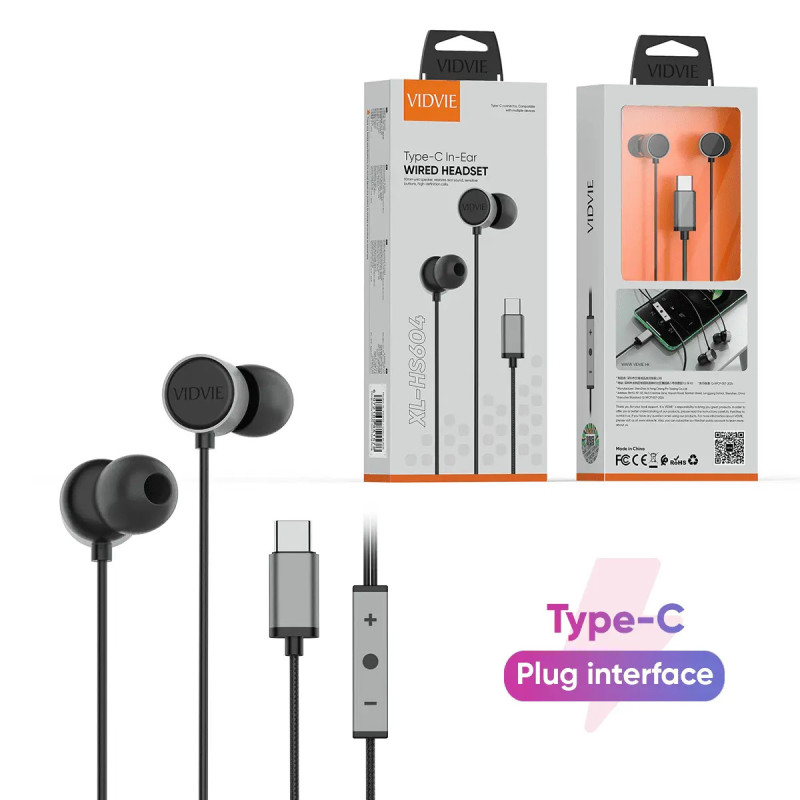 VIDVIE XL-HS604 Handsfree Ακουστικά με Βύσμα Type-C με Ενσωματωμένο Μικρόφωνο & Κουμπί Αύξησης/Μείωσης Έντασης Ήχου - Χρώμα: Μαύρο