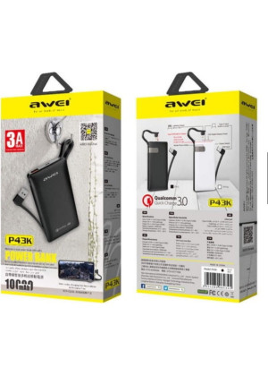 Awei P43 PowerBank με 2 Θύρες USB-A 10000mAh - Χρώμα: Μαύρο