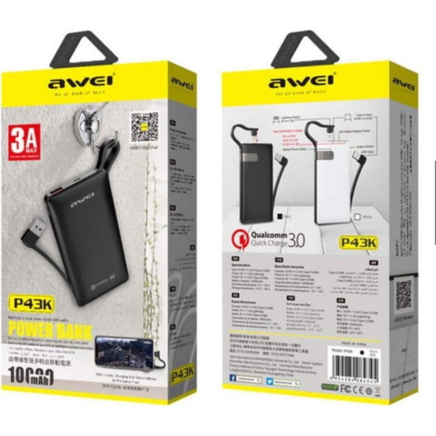 Awei P43 PowerBank με 2 Θύρες USB-A 10000mAh - Χρώμα: Μαύρο