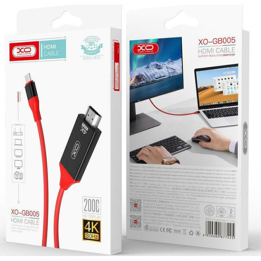 XO GB-005 HDMI 1.4 Cable HDMI male - USB-C male 2m - Χρώμα: Κόκκινο