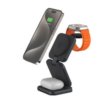 NINE S21 15W 3 σε 1 Αναδιπλούμενος Ασύρματος Φορτιστής για Κινητό, Ρολόι & Airpods - Χρώμα: Μαύρο