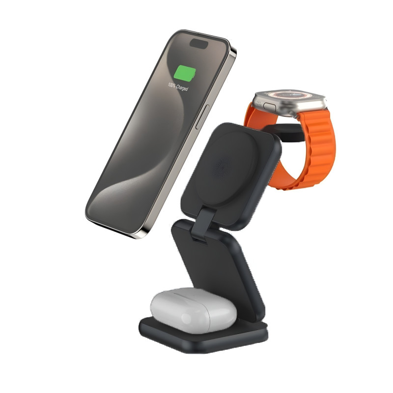 NINE S21 15W 3 σε 1 Αναδιπλούμενος Ασύρματος Φορτιστής για Κινητό, Ρολόι & Airpods - Χρώμα: Μαύρο