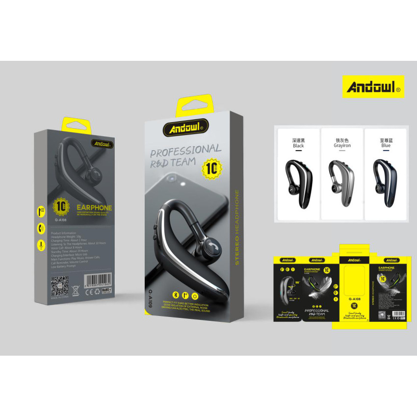 Andowl Q-A108 Ασύρματο Bluetooth Ακουστικό In-Ear HandsFree - Χρώμα: Ασημί