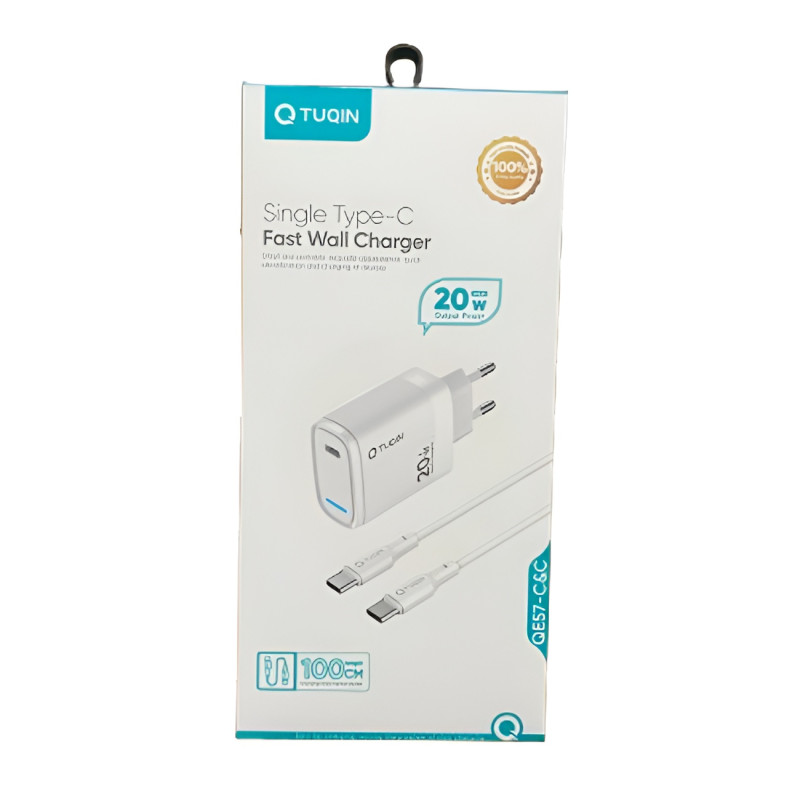 TUQIN QE57 C&C 20W Φορτιστής Γρήγορης Φόρτισης με Θύρα USB-C & Καλώδιο Type-C σε Type-C 1m - Χρώμα: Λευκό