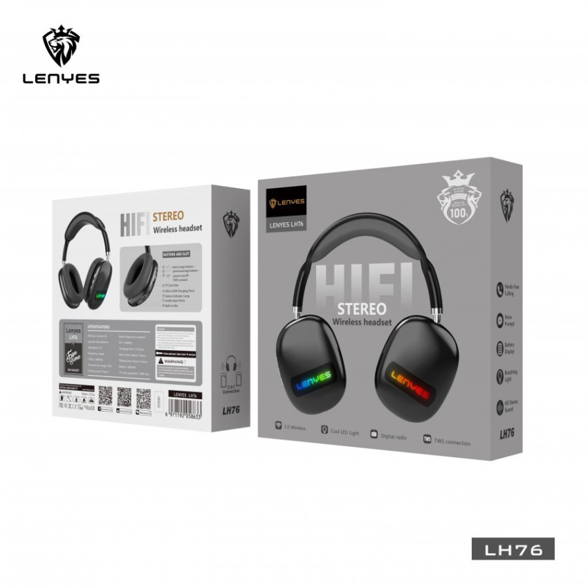 Lenyes LH76 Bluetooth Ασύρματα Ακουστικά Hi-Fi RGB - Χρώμα: Μαύρο