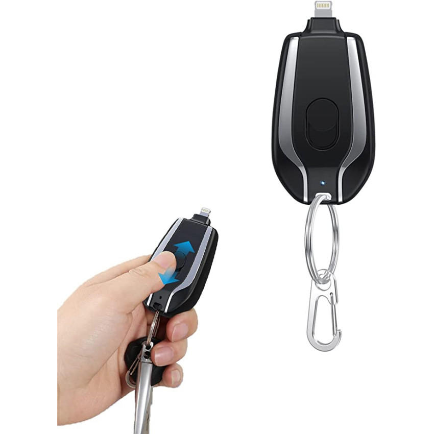 Mini Power Emergency Pod Keychain Portable Charger with Lightning for iPhone 1500mΑh Black