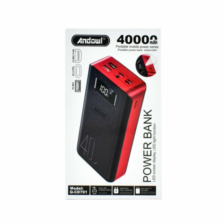 Andowl Q-CD701 PowerBank με 2 Θύρες USB-A & 2 Θύρες USB-C 40000mAh - Χρώμα: Μαύρο