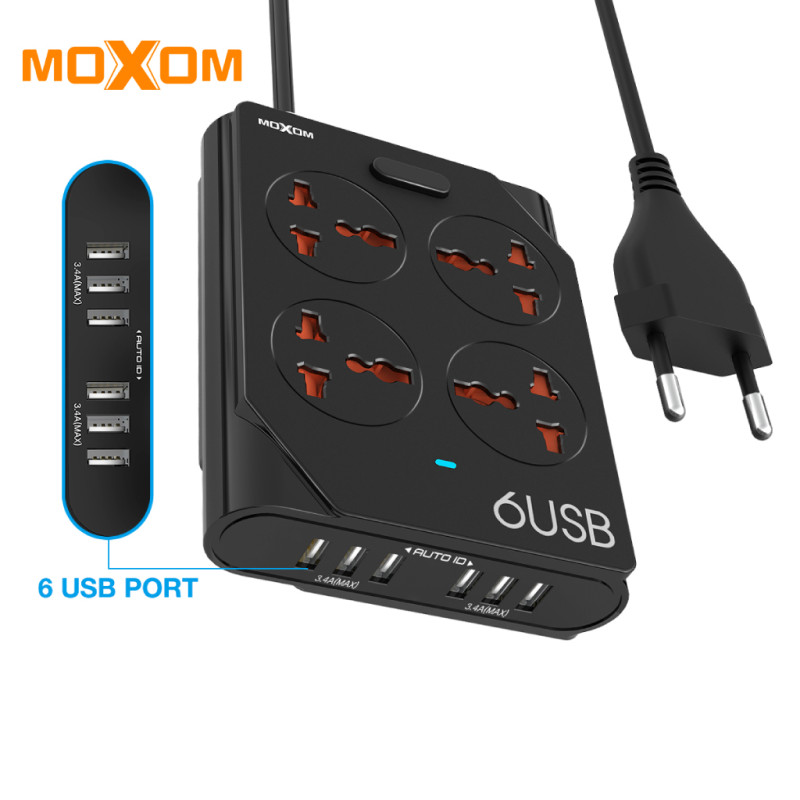 MOXOM KH-63Y Πολύπριζο & Φορτιστής με 6 Θύρες USB 10A - Χρώμα: Μαύρο
