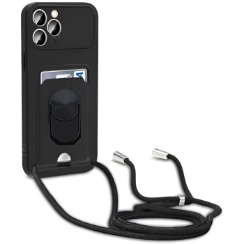 Θήκη Σιλικόνης με Λουράκι & Υποδοχή Κάρτας με Προστασία Κάμερας για iPhone 13 Pro - Χρώμα: Μαύρο