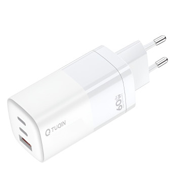 TUQIN QE30-C&I 60W GAN Φορτιστής Γρήγορης Φόρτισης με 2xΘύρες USB-C & 1x Θύρα USB-A με Καλώδιο Type-C σε Lightning 1m - Χρώμα: Λευκό