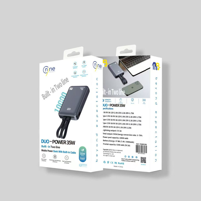 NINE Duo 35W Power Bank Γρήγορης Φόρτισης με Καλώδια Type-C & Lightning 10000mAh - Χρώμα: Μαύρο