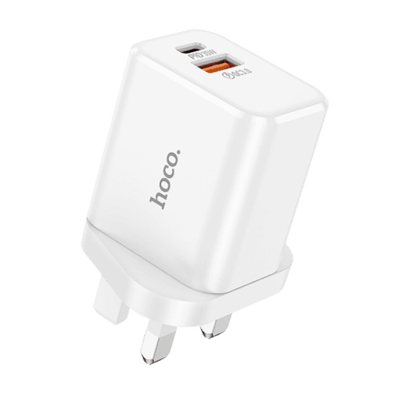 HOCO DC51 Φορτιστής PD20W QC3.0 UK Fast Charger με Υποδοχή USB-A & Type-C - Χρώμα: Λευκό