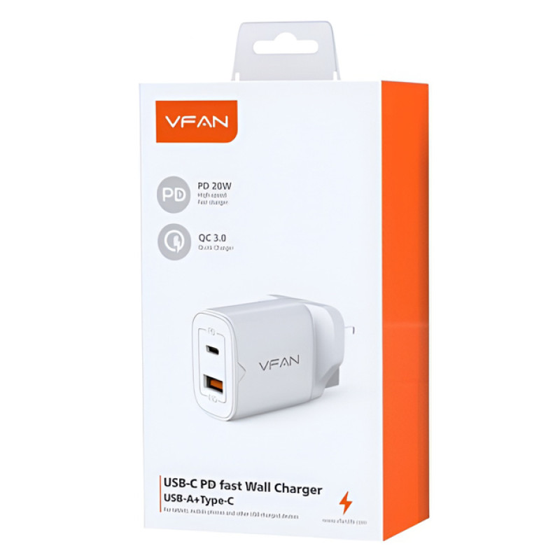 VFAN UK03 Φορτιστής Fast Charging PD 20W UK με Υποδοχή USB-A & Type-C - Χρώμα: Λευκό