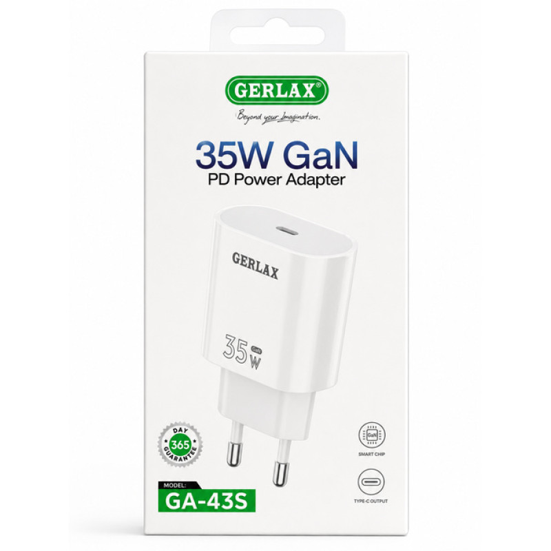 GERLAX GA-43S Φορτιστής Κινητού / Mobile Fast Charger 35W Gan με 1 Θύρα Type-C - Χρώμα: Λευκό