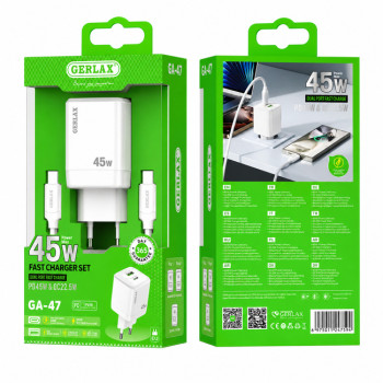 GERLAX GA-47 Φορτιστής Κινητού / Mobile Fast Charger 45W Gan με 1 Θύρα Type-C & 1 Θύρα USB - Χρώμα: Λευκό