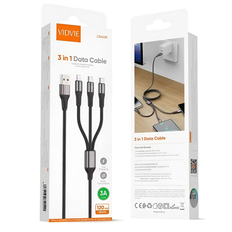 VIDVIE CB4039 3 Σε 1 Καλώδιο Φόρτισης & Μεταφοράς Δεδομένων USB Type-A σε USB Type-C/Lightning/Micro 1.2M - Χρώμα: Μαύρο