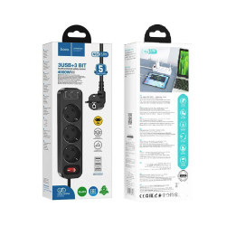 Hoco NS2 Aura Power Strip 4000W 3 Positions with Switch, 3 USB & Cable 1.8m - Color: Black