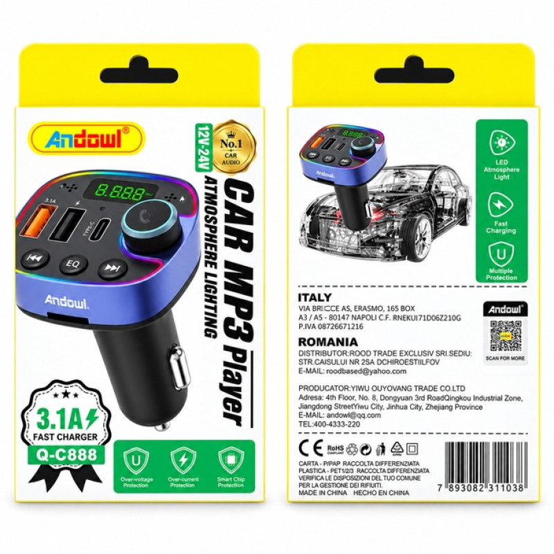 Andowl Q-C888 FM Transmitter Αυτοκινήτου με Bluetooth / USB / Micro SD - Χρώμα: Μαύρο