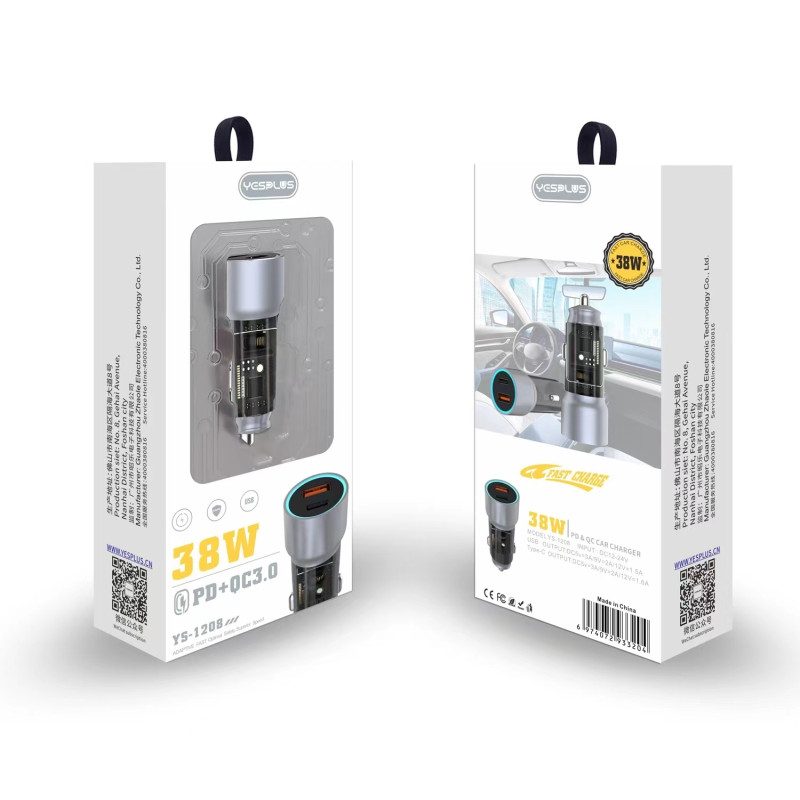 YESPLUS YS-1208 Διπλός LED Φορτιστής Αυτοκινήτου με Υποδοχή Type-C & USB-A 38W - Χρώμα: Ασημί