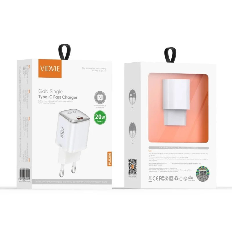 VIDVIE PLE256C&C PD 20W Φορτιστής GaN με 1 Θύρες USB-C & Καλώδιο Type-C σε Type-C - Χρώμα: Λευκό