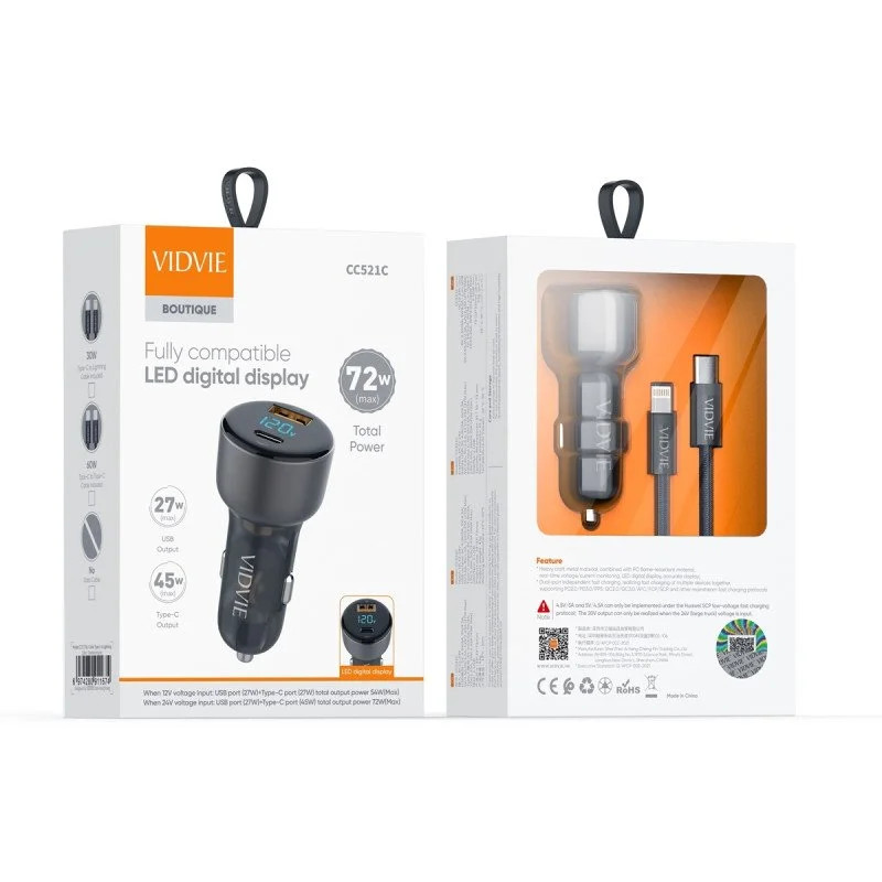 VIDVIE CC521C Φορτιστής Αυτοκινήτου με 27W Θύρα USB-A & 45W Θύρα USB Type-C Χωρίς Καλώδιο - Χρώμα: Μαύρο