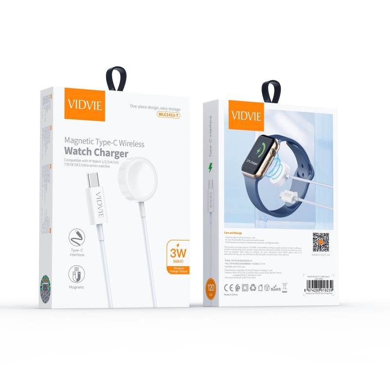 VIDVIE WLC1411-T Μαγνητικός Aσύρματος Φορτιστής Ρολογιού 3W με Καλώδιο USB Type-C 1.2m - Χρώμα: Λευκό