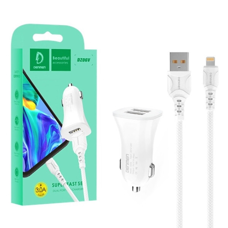 VDENMENV DZ06L Φορτιστής Αυτοκινήτου με 2X Θύρες USB-A & Καλώδιο USB-A σε Lightning Γρήγορης Φόρτισης QC3.0 - Χρώμα: Λευκό